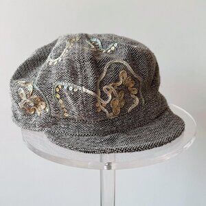 y2k vintage new grey sparkly sequin embroidered tweed cabbie hat cadet cap